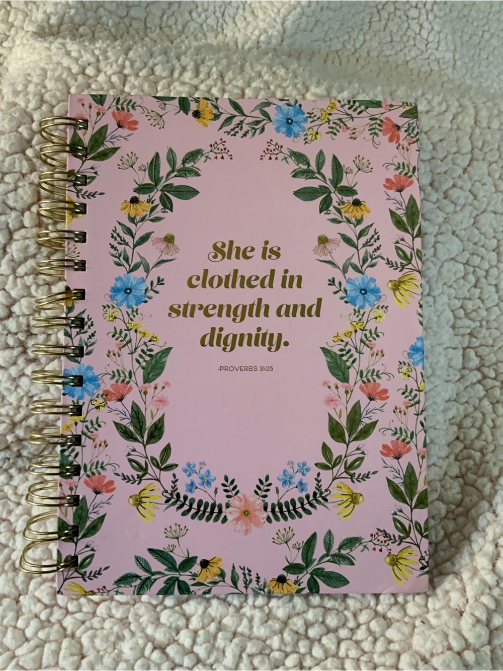 Floral Pink Spiral Journal — "She is clothed in strength and dignity"